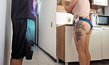 Risky bareback banging with husband's friend as his erect monster cock tempts tight housewife pussy