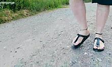 barefoot chubby walks in birkenstocks through nature's trails