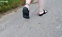 barefoot chubby walks in birkenstocks through nature's trails