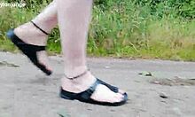 barefoot chubby walks in birkenstocks through nature's trails