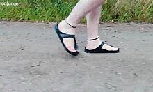 barefoot chubby walks in birkenstocks through nature's trails