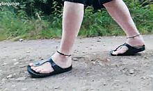 barefoot chubby walks in birkenstocks through nature's trails
