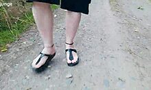 barefoot chubby walks in birkenstocks through nature's trails