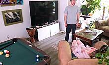 sexy blonde stepmom with big natural tits rides stepson cowgirl in living room creampie