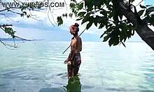 Topless Harpoon Fishing Outdoors Publicly