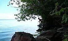 Topless Harpoon Fishing Outdoors Publicly
