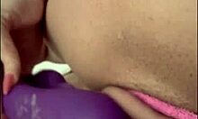 Hot latina masturbates wildly with huge dildo soaking her tight pussy in ecstasy