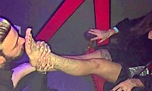 pro foot fetishist chokes on huge feet at swing club, real public deepthroat gagging
