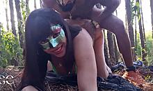 gifted friend rams cuckold's wife pussy in the woods
