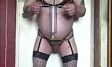 shy bisexual crossdresser in stockings swallows own cum endlessly craving yours with watchers