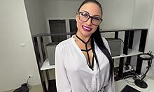 hey boss that hot secretary in glasses gets roughly fucked over desk at interview ends with facial