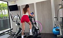 after her gym workout this hot brunette moans while getting fucked bent over then rides cowgirl cum covered