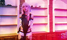 i'm dressed as zne cosplay lucy from cyberpunk with amberzinha riding huge cock free scene