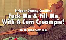 Mature stripper granny Carmen strips slow then takes deep creampie pounding