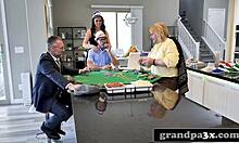 Hey those three kinky old guys rim and fuck this busty young teen's ass after poker