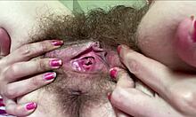 Watch double dripping orgasms from hairy pussy with big clit up close as clothes rip off