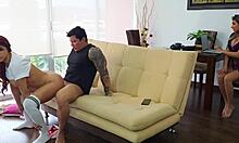 Busty MILF Masturbates Watching Son-in-Law Then Fucks Him