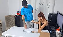 bored secretary tests gagging limits with delivery guy
