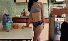big tits service babe bent over kitchen counter for rough employee pounding and cumshot