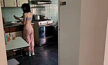 big tits service babe bent over kitchen counter for rough employee pounding and cumshot