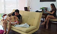 Busty MILF Masturbates Watching Son-in-Law Then Fucks Him