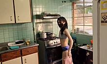 big tits service babe bent over kitchen counter for rough employee pounding and cumshot