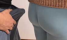 imagine soaked pants on subway as stranger rubs and blasts on her tight leggings