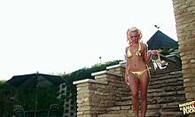 Blonde Polishes Big Natural Tits by Pool Before Boyfriend's Outdoor Doggy Anal