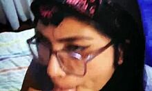 extreme latina brunette glasses babe deepthroats cum on long hair