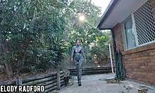 curvy milf walks outdoor trying bikinis shaking big ass in heels