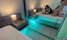 Sexy slut takes sticky cum shower then endures hard doggy pounding on bed