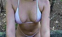 Brazilian Latina kneels on remote trail for intense boquete, narrow ass high as small tits sway seductively