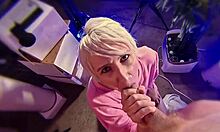 Blonde milf's short hair sways as she slurps huge cock to facial