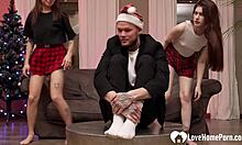 Hardcore Threesome with Shaved Pussy Bent Over Doggystyle Beats Studying – Monster Cock FFM Riding Uniform Skirt!