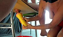 cfnm femdom milf milks huge stallion cock with flashlight closeup