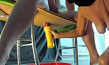 cfnm femdom milf milks huge stallion cock with flashlight closeup