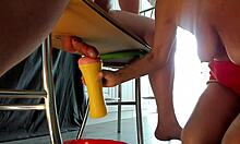 cfnm femdom milf milks huge stallion cock with flashlight closeup