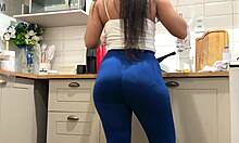 stepdaughter cleaning house drops to suck stepdad's huge cock in leggings
