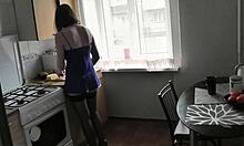 sexy girl's morning tease in lingerie stockings kitchen ass view