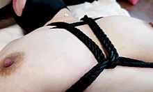 blindfolded chubby japanese slave gets fingered to orgasm in fishnets