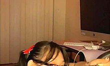 hot nerdy asian gives sloppy handjob blowjob huge facial cumshot