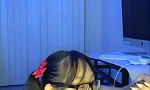 hot nerdy asian gives sloppy handjob blowjob huge facial cumshot