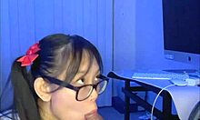 hot nerdy asian gives sloppy handjob blowjob huge facial cumshot