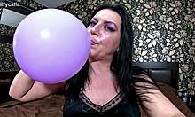 Curvy mommy in satin pajamas teases with balloon fetish barefoot nail play popping