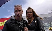 young couple short on cash so blonde blows stranger for quick outdoor pickup cash