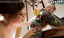 goth tattooed lesbians stretch anal with dildos fingering squirting desk play
