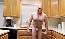 Naked Bodybuilder Stretches Sheer Fabric in Kitchen Workout Flash