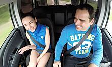 stacy snake chats in car ride interview with xavipohoto, teases her tight pussy and small tits