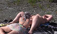 lesbian licks juicy pawg friend's fat shaved pussy outdoors until clitoral orgasm cunnilingus