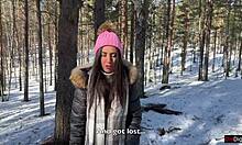 Imagine ripping clothes off sexy teen in snowy forest for creampie doggystyle ride